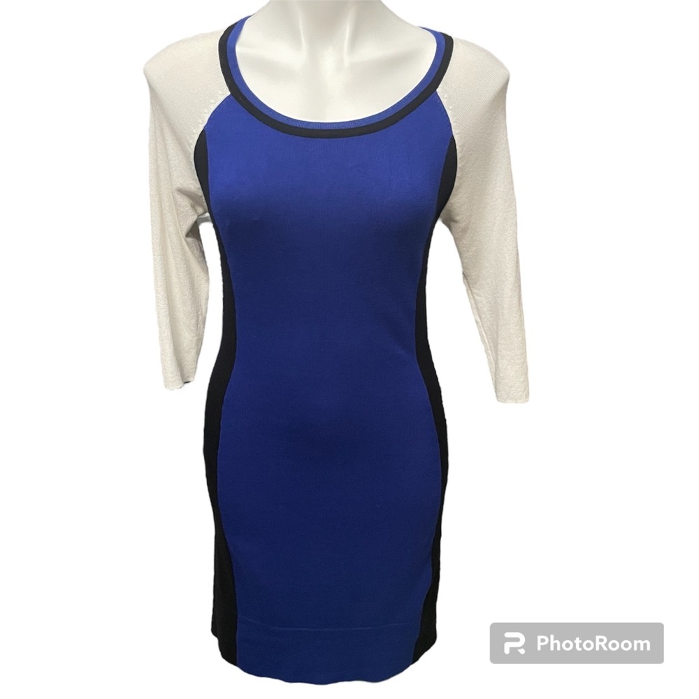 Laundry by Design Blue Black White Colorblock Long Sleeve Knit Dress Size Small